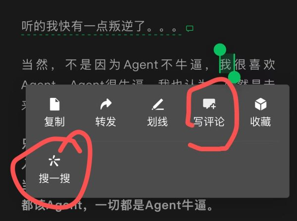 公众号文章划线增加新功能：评论，搜一搜。-上榜风向标生财-情报-生财