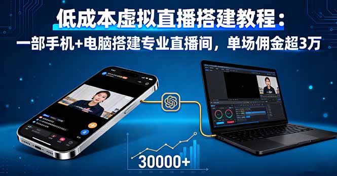 低成本虚拟直播搭建教程：一部手机+电脑搭建专业直播间，单场佣金超3万-生财