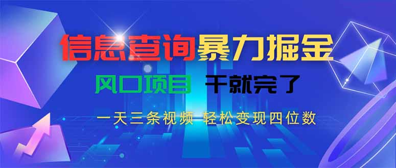 信息查询暴力掘金，一天三条视频 轻松变现四位数，风口项目干就完了-生财