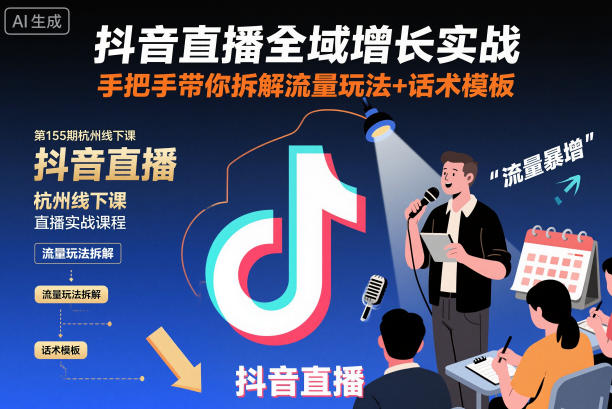 抖音直播全域增长实战第155期杭州线下课,手把手带你拆解流量玩法+话术模板-生财