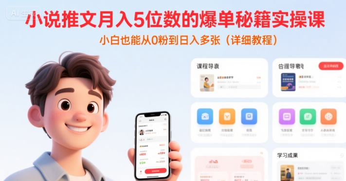 小说推文月入5位数的爆单秘籍实操课，，小白也能从0粉到日入多张(详细教程)-生财