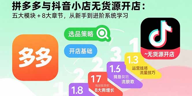 拼多多与抖音小店无货源开店：五大模块+8大章节，从新手到进阶系统学习-生财