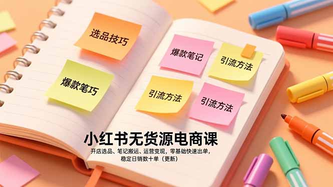 小红书无货源电商课，开店选品、笔记搬运、运营变现，零基础快速出单，稳定日销数十单(更新-生财