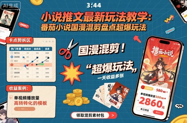 小说推文最新玩法教学，番茄小说国漫混剪盘点超爆玩法，全程干货，一天收益多张-生财