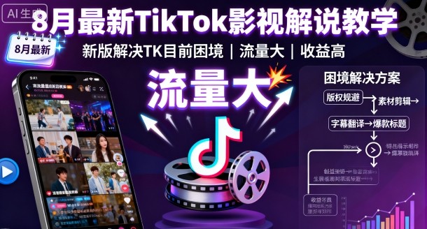 8月最新TikTok影视解说教学,新版解决TK目前困境,流量大,收益高-生财