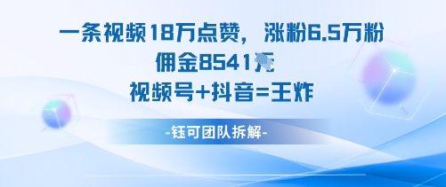 一条视频18W点赞，涨粉6.5W粉佣金8541米，视频号+抖音=王炸-生财