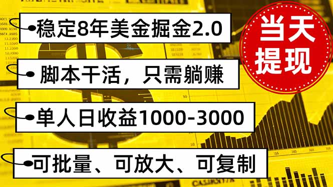 稳定8年美金掘金2.0脚本干活,只需躺赚。单人日收益1000-3000可批量、...-生财