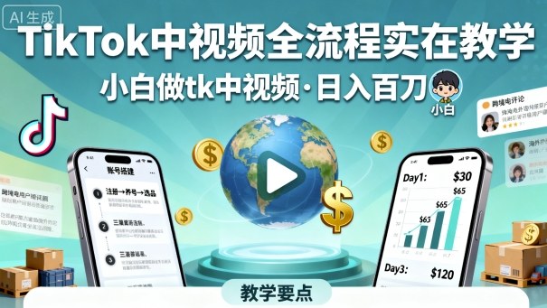 TikTok中视频全流程实操教学,小白做tk中视频,日入百刀-生财