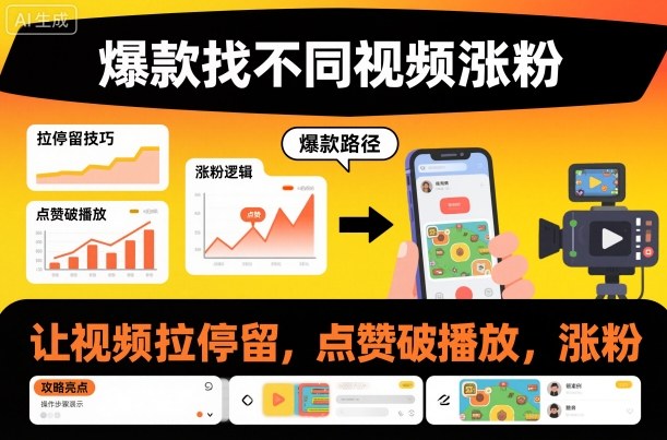 爆款找不同视频涨粉，让视频拉停留，实现点赞，破播放，涨粉-生财