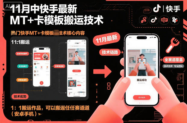 11月中快手最新MT+卡模板搬运技术,1:1搬运作品,可以搬运任何赛道(安卓手机)-生财