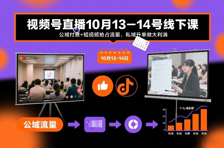 视频号直播10月13-14号线下课，公域付费+短视频抢占流量，私域升单做大利消-生财