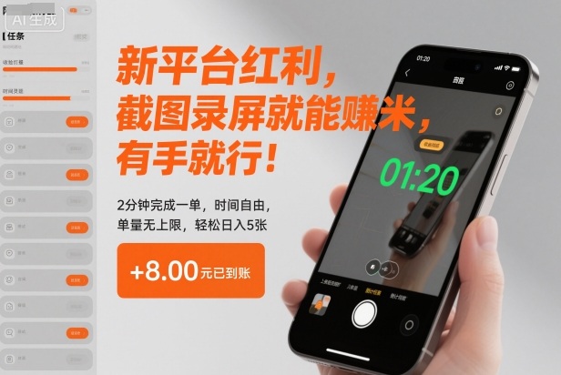 新平台红利，截图录屏就能賺米，有手就行！2分钟完成一单，时间自由，单量无上限，轻松日入5张【揭秘】-生财