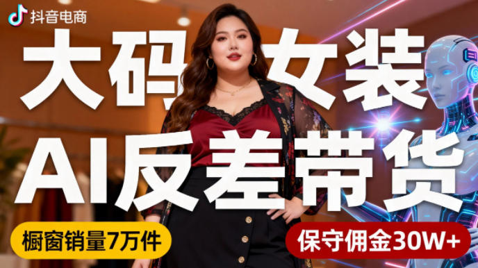 抖音小众赛道,大码女装AI反差带货,不用直播,每天6条作品,橱窗卖7万件,保守佣金30W+-生财