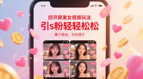 四开屏美女视频玩法，引s粉轻轻松松，暴力掘金，手机操作【揭秘】-生财