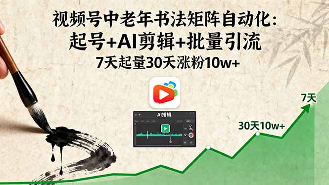 视频号中老年书法矩阵自动化:起号+AI剪辑+批量引流 7天起量30天涨粉10w+-生财