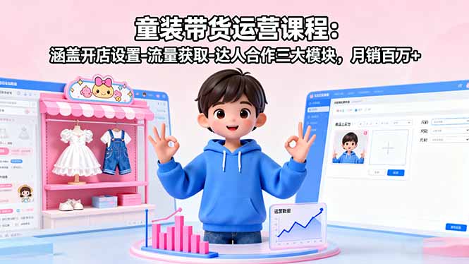 童装带货运营课程:涵盖开店设置-流量获取-达人合作三大模块,月销百万+-生财