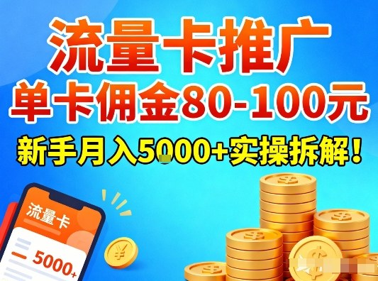 流量卡推广，单卡佣金80-100，新手月入5k+实操拆解！-生财