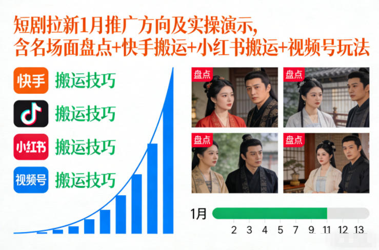 短剧拉新1月推广方向及实操演示，含名场面盘点+快手搬运+小红书搬运+视频号玩法-生财