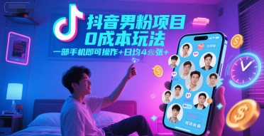 抖音男粉项目0成本玩法，一部手机即可操作，日均4张+，时间自由-生财