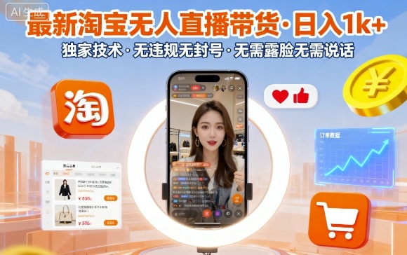 最新淘宝无人直播带货，日入1k+，独家技术，无违规无封号，无需露脸无需说话【揭秘】-生财