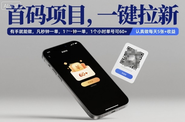 首码项目，一键拉新，有手就能做，几秒钟一单，1个小时单号可60+，认真做每天5张+收益【揭秘】-生财
