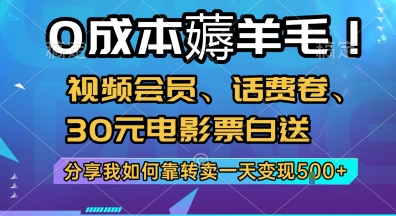 0成本薅羊毛!视频会员、话费卷、30元电影票白送,分享我如何靠转卖一天变现5张+【揭秘】-生财