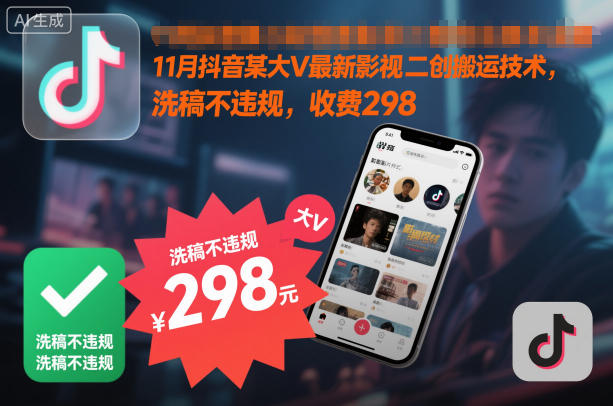 11月抖音某大V最新影视二创搬运技术，洗稿不违规，收费298-生财