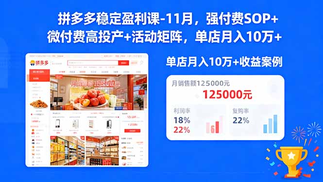 拼多多稳定盈利课-11月,强付费SOP+微付费高投产+活动矩阵,单店月入10万+-生财
