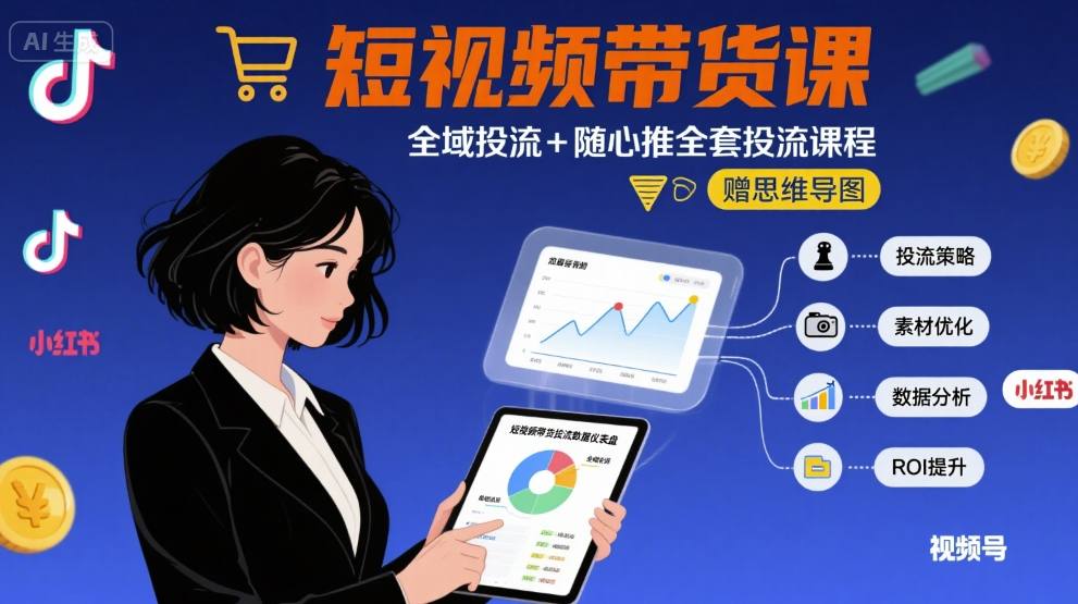 最新短视频带货课，全域投流+随心推全套投流课程+思维导图-生财