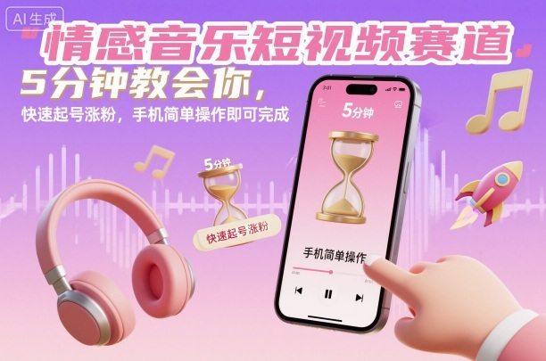 情感音乐短视频赛道,5分钟教会你,快速起号涨粉,手机简单操作即可完成-生财