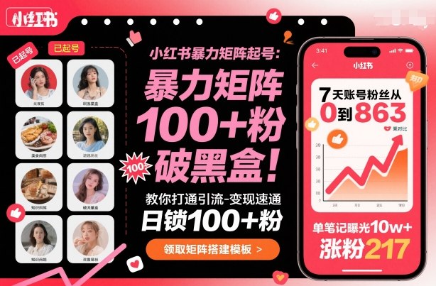 小红书暴力矩阵起号,教你打通引流-变现速通,日锁100+粉,破流量黑盒-生财