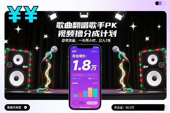 歌曲翻唱歌手PK视频撸分成计划，自带流量，一天两小时，日入2张-生财