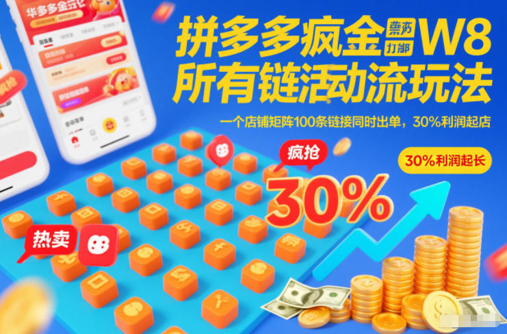 拼多多疯狂活动流玩法，所有链接全部打标，一个店铺矩阵100条链接同时出单，30%利润起店-生财