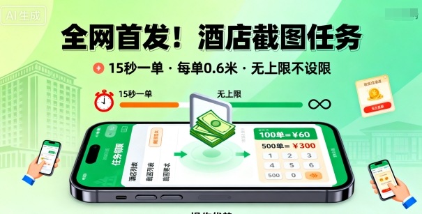 全网首发!酒店截图任务,15秒一单,每单0.6米,任务无上限不设限,矩阵操作单日3张到手【揭秘】-生财