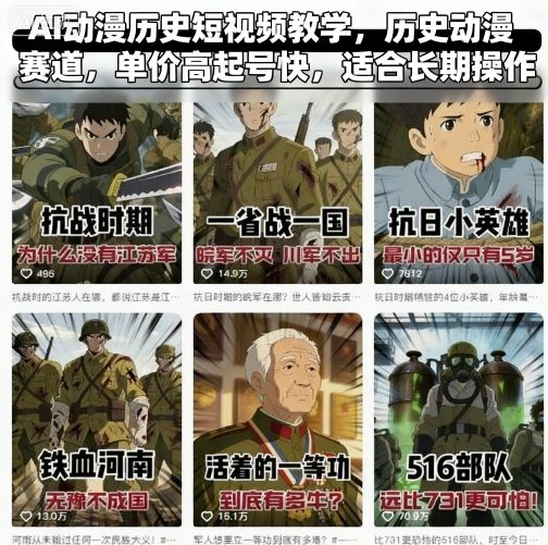 AI动漫历史短视频教学,历史动漫赛道,单价高起号快,适合长期操作-生财