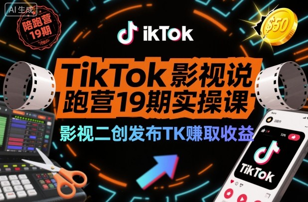 TikTok影视解说陪跑营19期实操课,影视二创发布TK賺取收益,万播收益50美金-生财