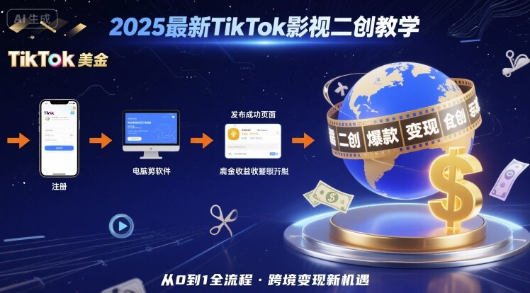 2025年最新TikTok影视二创教学,从注册到发布撸美金全流程,跨境变现新机遇-生财