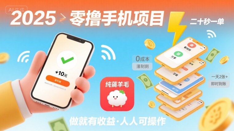 2025年零撸手机项目，二十秒一单，纯薅羊毛 一天2张+做就有-生财