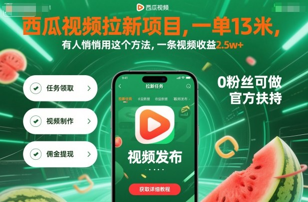 西瓜视频拉新项目，一单13米，有人悄悄用这个方法，一条视频收益2.5w+(附详细教程)-生财