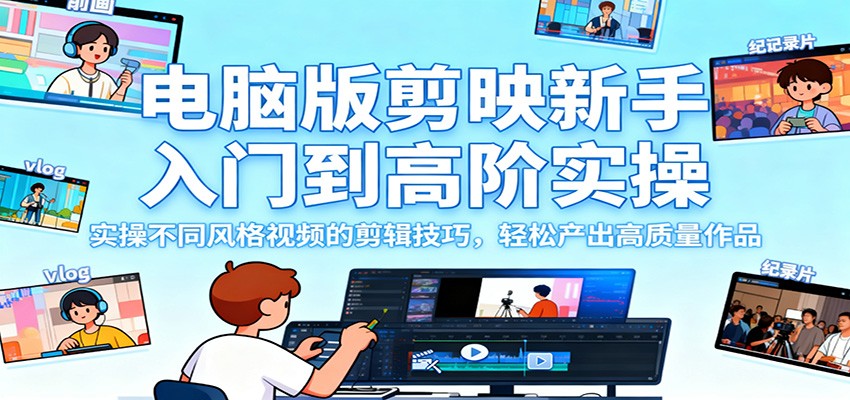 电脑版剪映新手入门到高阶实操,实操不同风格视频的剪辑技巧,轻松产出高质量作品-生财