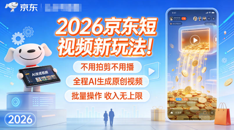 2026京东短视频新玩法！不用拍剪不用播，全程AI生成原创视频，批量操作收入无上限-生财