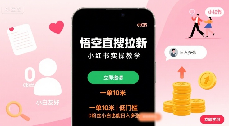 悟空直搜拉新小红书实操教学,一单10米,低门槛,0粉丝小白也能日入多张-生财