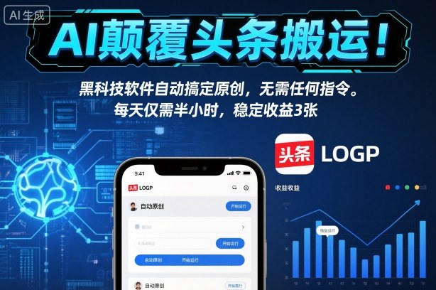 AI颠覆头条搬运!黑科技软件自动搞定原创,无需任何指令。每天仅需半小时,稳定收益3张【揭秘】-生财