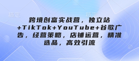 跨境创富实战营,独立站+TikTok+YouTube+谷歌广告,经营策略,店铺运营,精准选品,高效引流