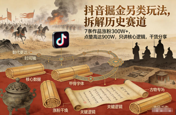 抖音掘金另类玩法,拆解历史赛道,7条作品涨粉300W+,点赞量高达900W,只讲核心逻辑,干货分享-生财