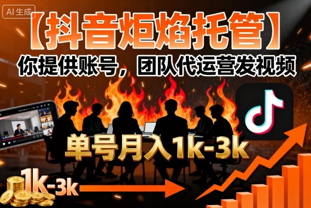 【抖音炬焰托管】你提供账号,团队代运营发视频,单号月入1k+【揭秘】-生财