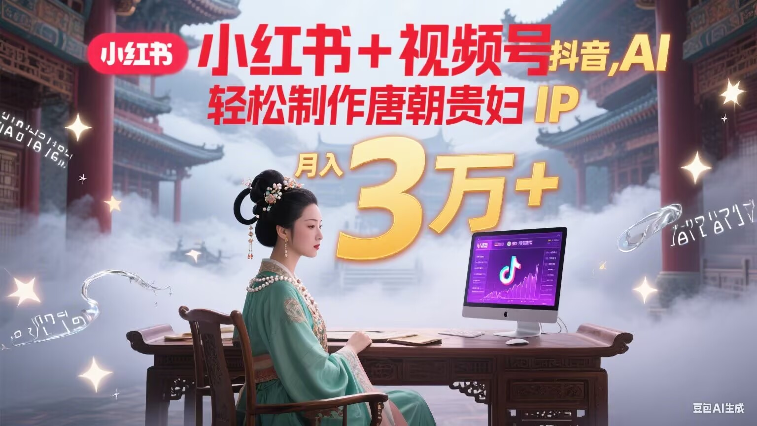 小红书+视频号+抖音,AI轻松制作唐朝贵妇IP,毒鸡汤、励志、减肥瘦身、养生赛道轻松切入,每天30分钟,轻松产出N条,月入3万+-生财