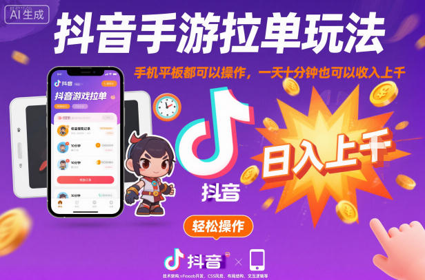 抖音手游拉单玩法，手机平板都可以操作，一天十分钟也可以收入上K【揭秘】-生财