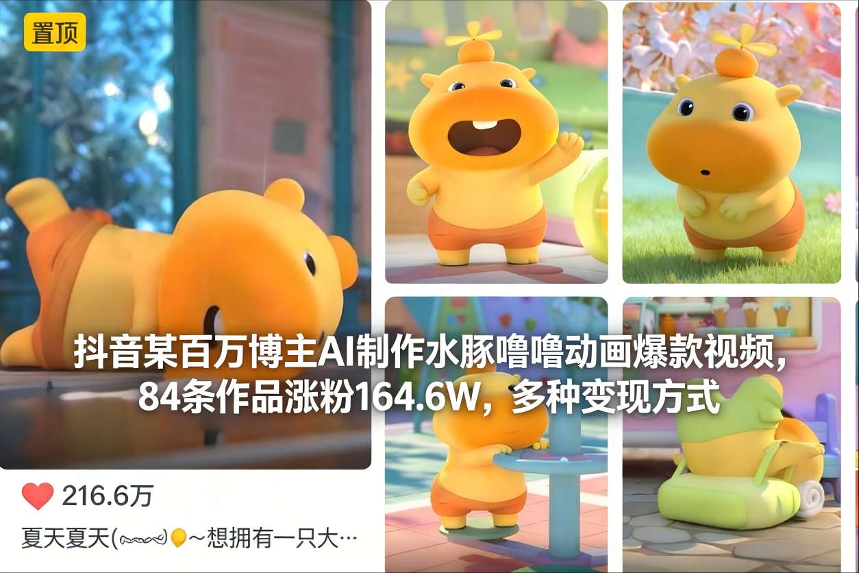 抖音某百万博主AI制作水豚噜噜动画爆款视频，84条作品涨粉164.6W，多种变现方式-生财