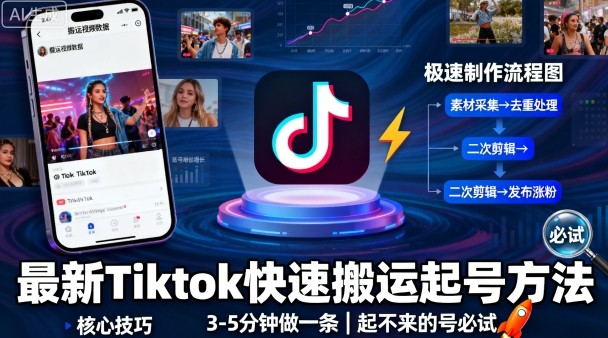 最新Tiktok快速搬运快速起号方法,3-5分钟做一条,起不来的号可以试试-生财
